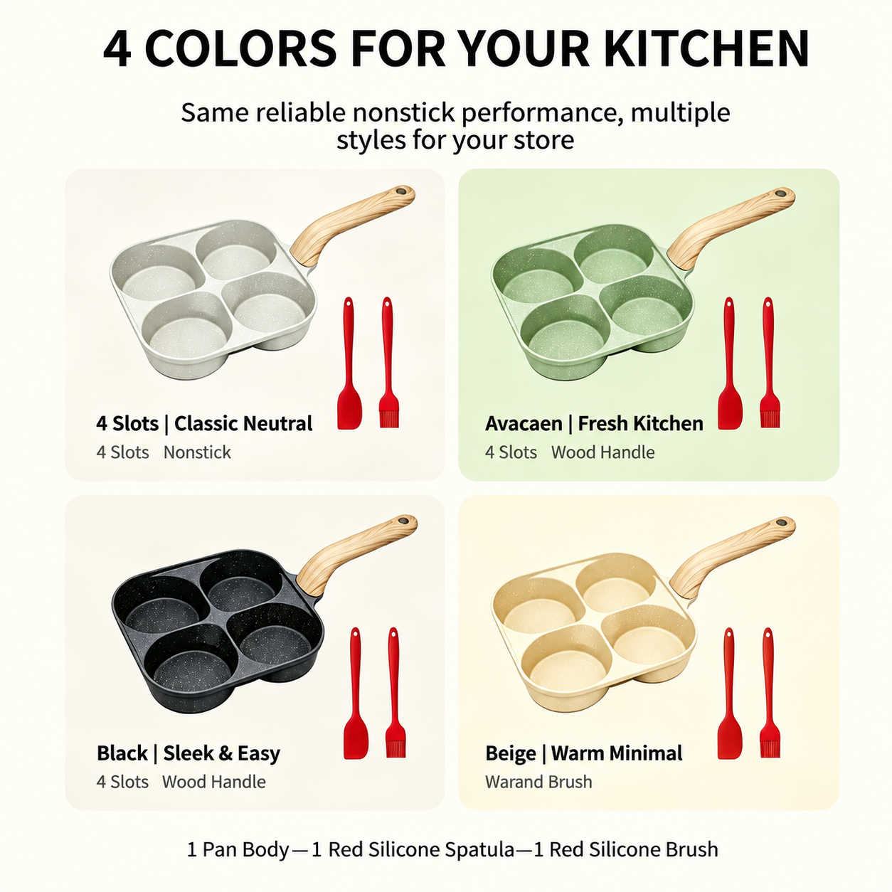 🍳4-Cup Nonstick Egg Pan, Wood Handle, Multi-Color Breakfast Skillet