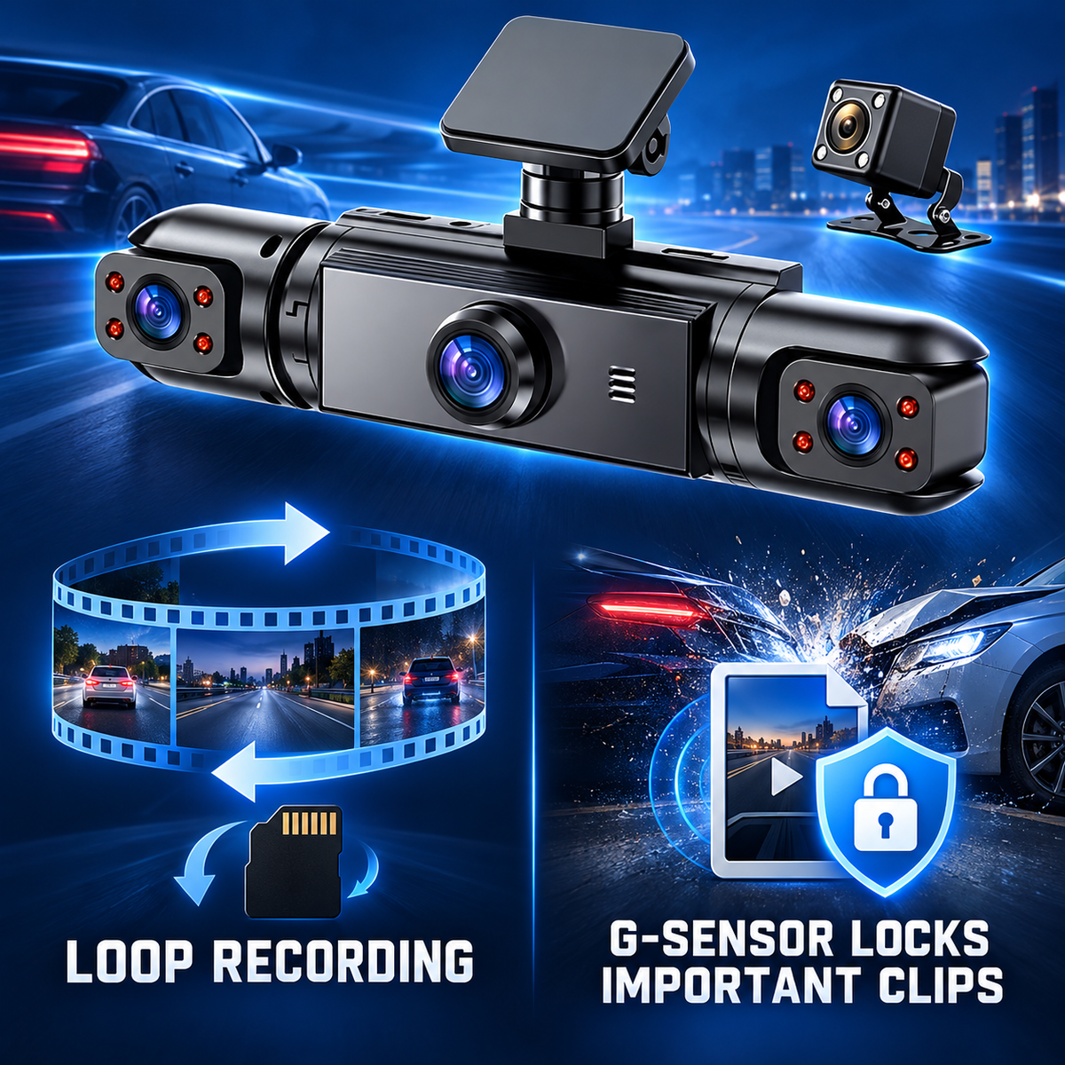 🚗 4-Lens 1080P Dash Cam — See Front, Left, Right & Rear in One Drive