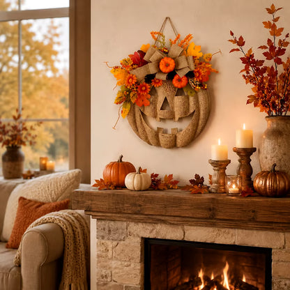 🎉🎃✨ Lighted Burlap Pumpkin Wreath