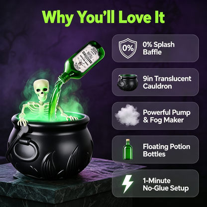 > 🕯️ Magical Bubbling Witch Cauldron — Halloween Fog Maker with Floating Potion Bottles & Glowing Skeleton for Home Party Decor 🍵