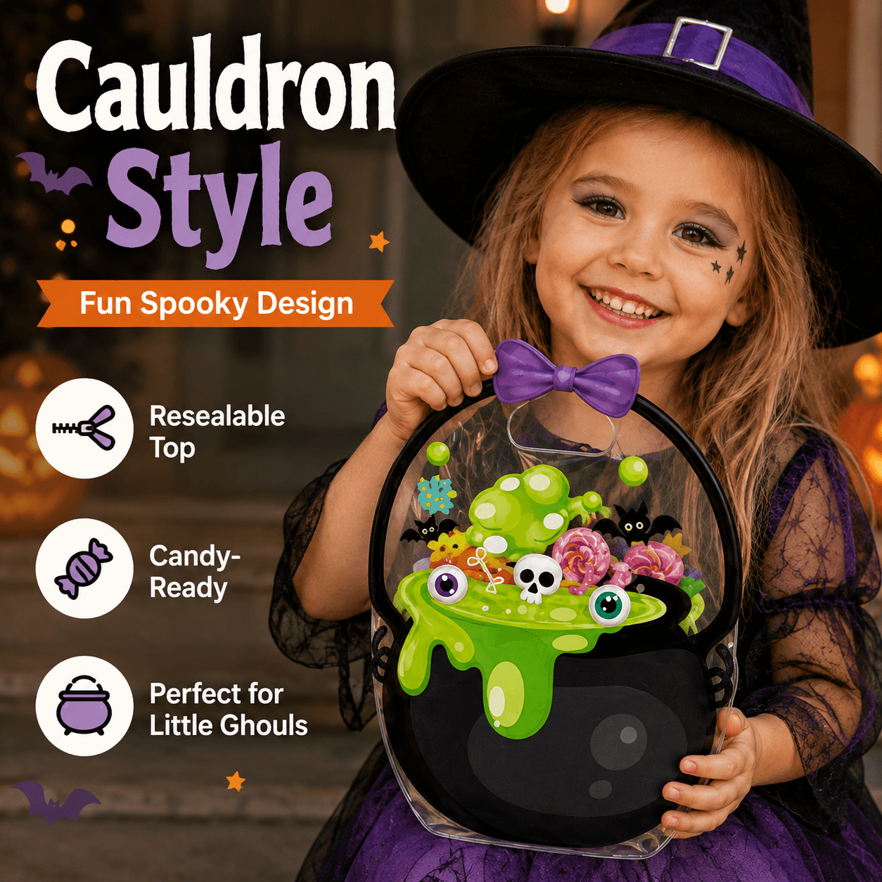 20-Pack Pumpkin Halloween Treat Bags – Resealable Clear Party Favour Bags with Handles