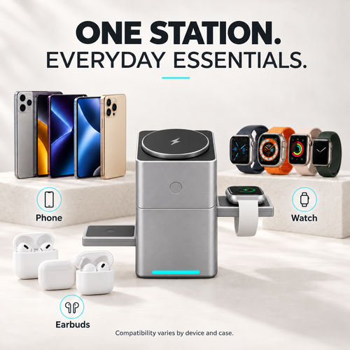 3-in-1 Magnetic Wireless Charging Station – 25W Fast Charging & Rotating Stand