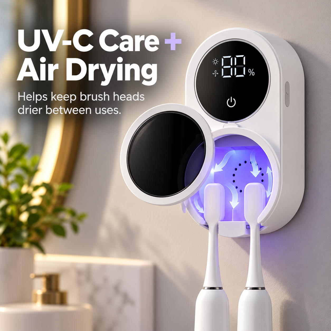 UV-C care chamber and airflow around two toothbrush heads