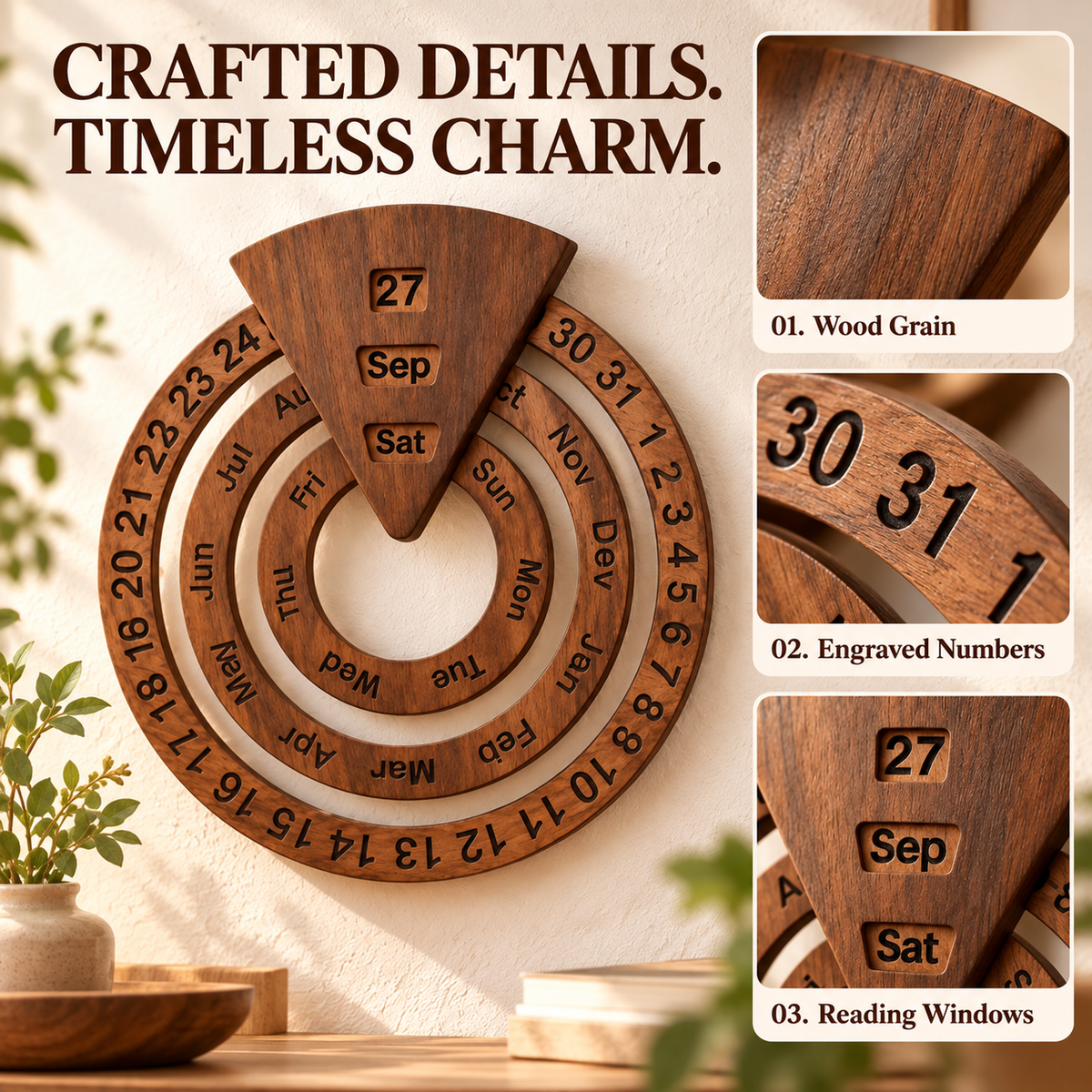 🌿 Wooden Perpetual Wall Calendar – Rotating Date, Month & Day | Timeless Home Decor 📅