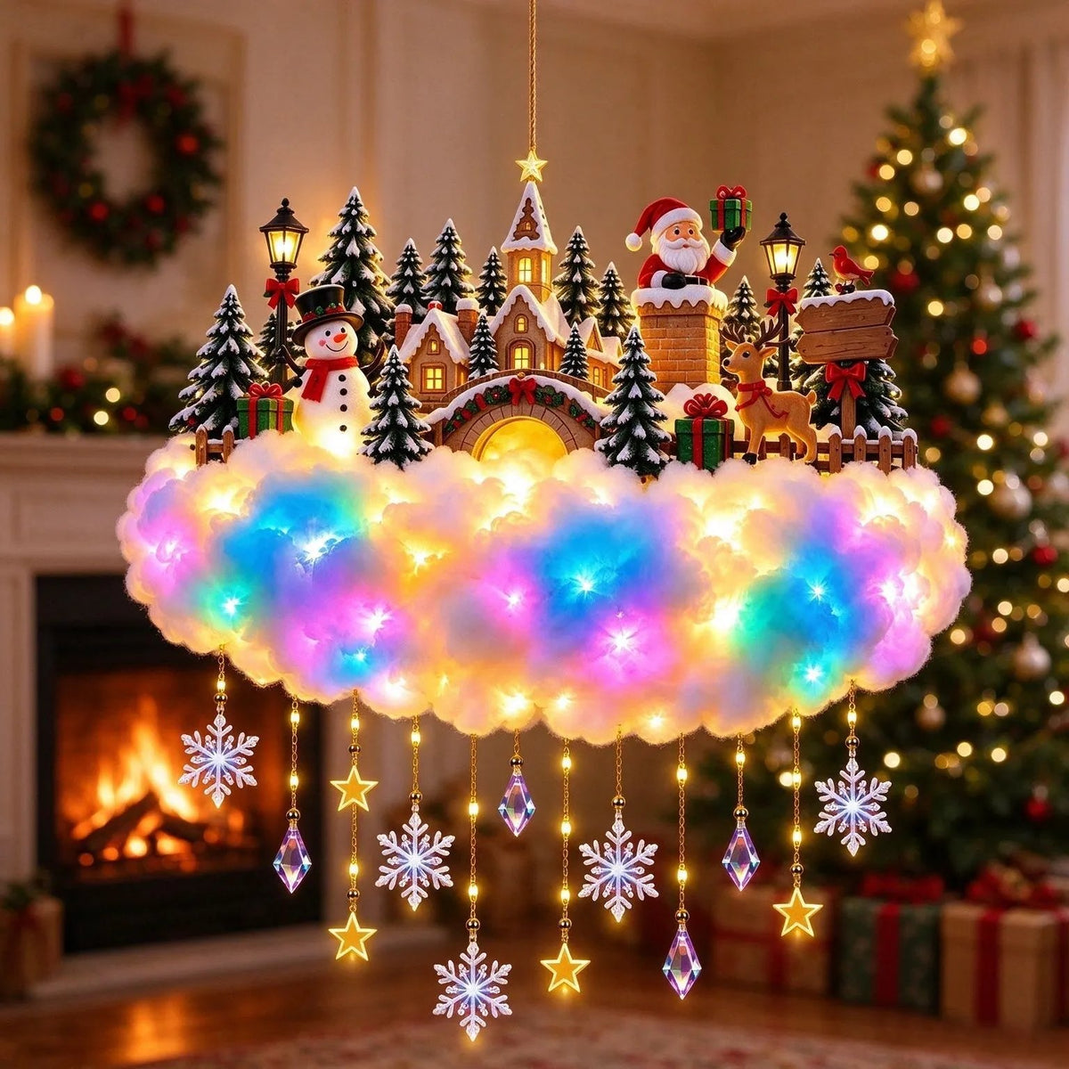 ✨🎄 Light-Up Christmas Cloud Hanging Decor – Santa & Winter Village Holiday Display