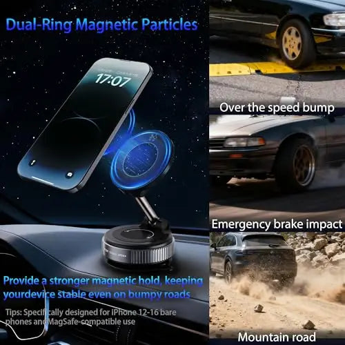 2.0 Fold-Flat Magnetic Car Phone Holder - Compact Metal Secure Smartphone Holder, 20N52 Magnetic Grip, Vertical Round Mount, Vacuum Suction Cup, Heat-Resistant Nano-Adhesive Base, MagSafe Snapon Car Interior Accessory