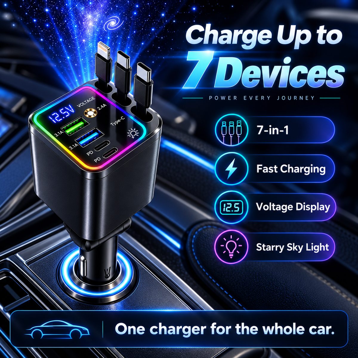 🔥7-in-1 Retractable Car Charger – 120W Fast Charging & Galaxy Light