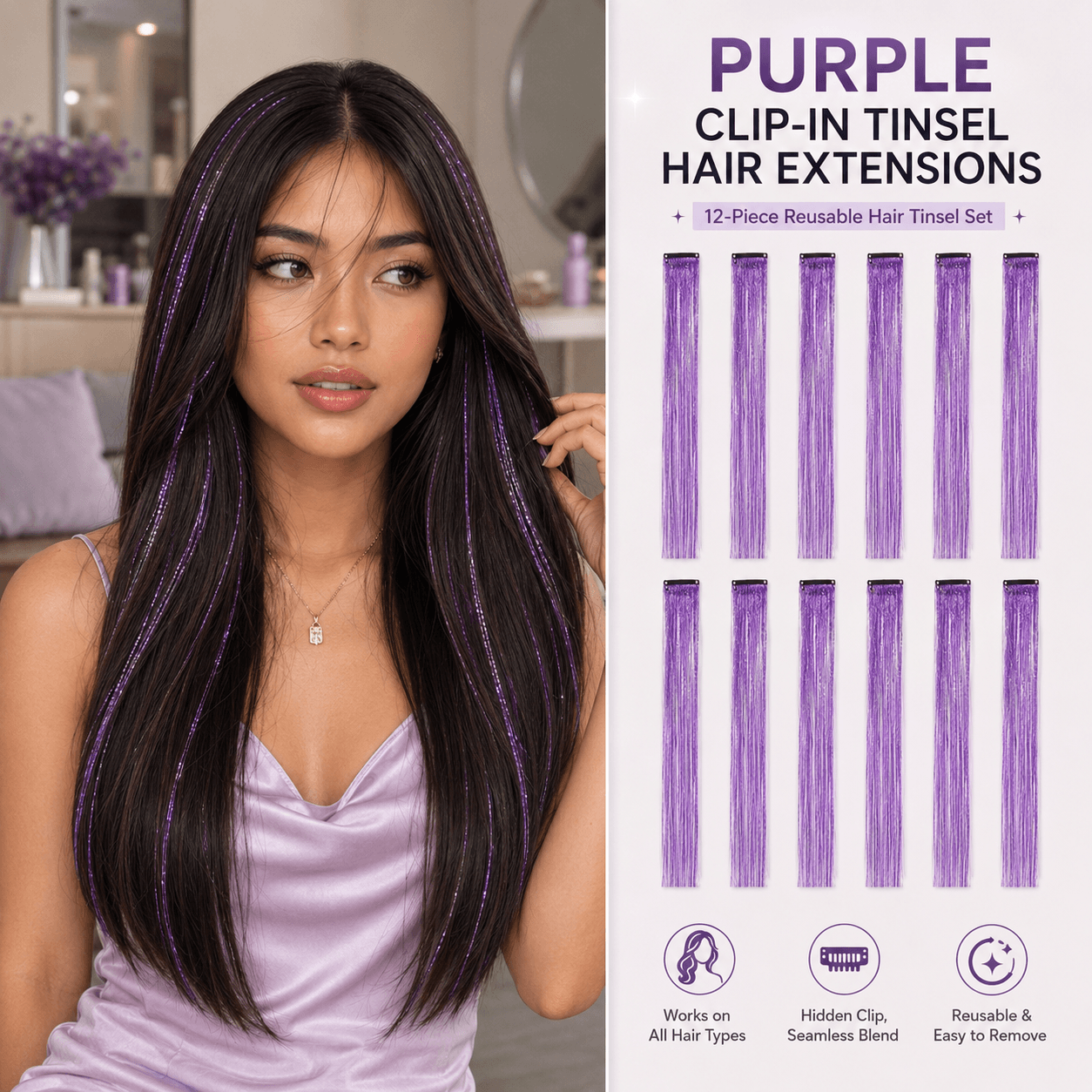 Clip-In Tinsel Hair Extensions – Colorful Iridescent Sparkle Hair Strands