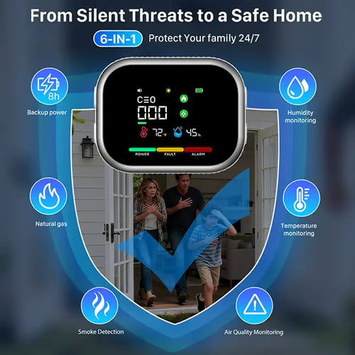 Limited-Time $10 OFF!🚨 6-in-1 Smart Home Safety Detector – CO, Gas, Smoke, Temperature & Humidity Alarm