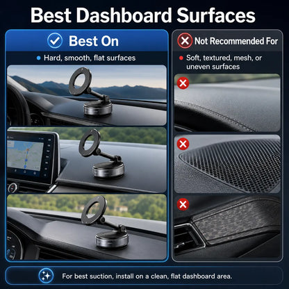 2.0 Fold-Flat Magnetic Car Phone Holder - Compact Metal Secure Smartphone Holder, 20N52 Magnetic Grip, Vertical Round Mount, Vacuum Suction Cup, Heat-Resistant Nano-Adhesive Base, MagSafe Snapon Car Interior Accessory