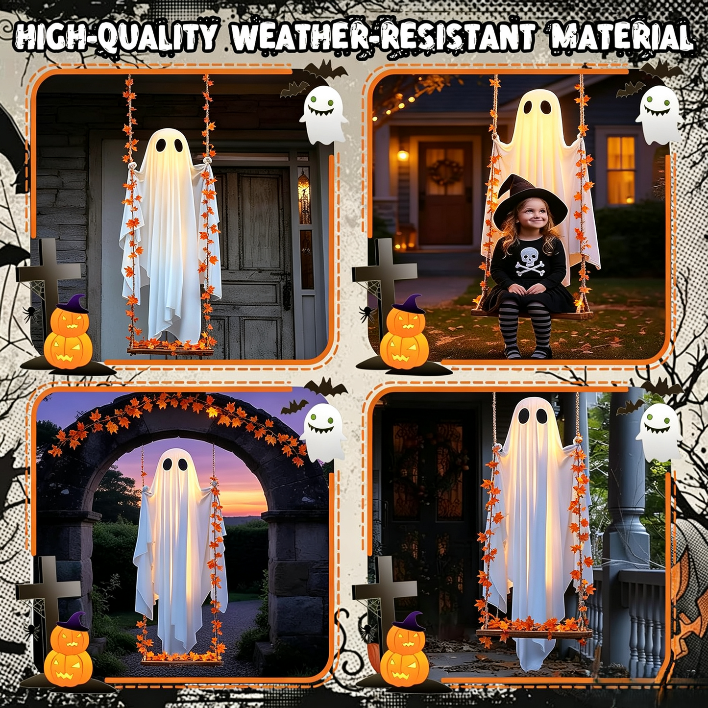 🎃 Limited Halloween Sale 👻✨LED Hanging Ghost Swing Decoration, 5FT Remote Controlled Halloween Outdoor Hanging Decor