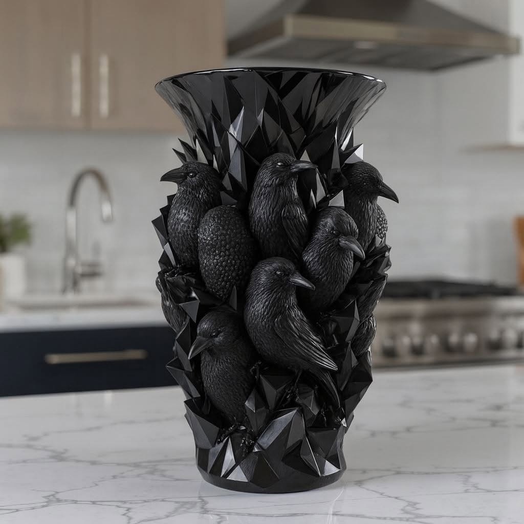 💎💀Gothic Skull & Crow Resin Vase- Dark Decor Vase