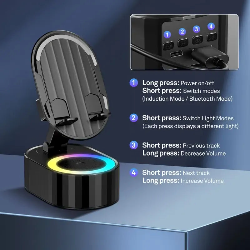 🎵 5-in-1 Wireless Induction Audio Bluetooth Speaker & Phone Holder – 3000mAh Rechargeable Power Bank with Colorful Ambient Light, 300° Foldable Stand for Smartphone & Tablet