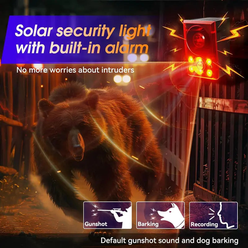 🦝 Solar Motion-Activated Animal Deterrent Alarm – Custom Sound & Flashing Light