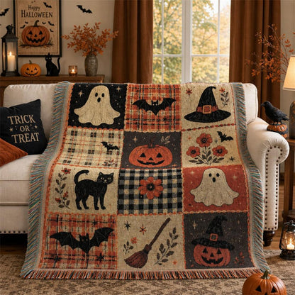 Halloween Patchwork Woven Throw Blanket | Ghost Pumpkin Black Cat Tassel Tapestry Throw