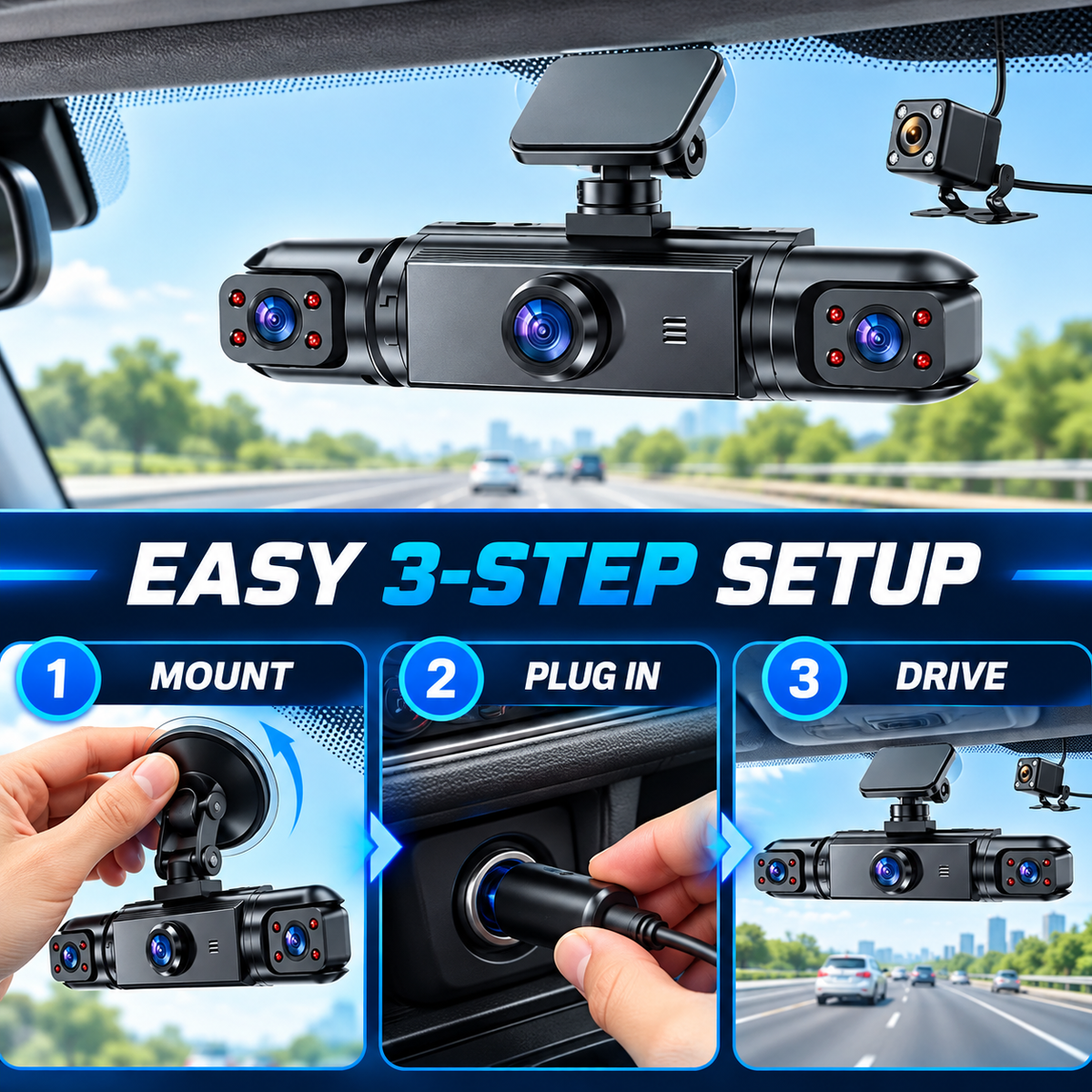 🚗 4-Lens 1080P Dash Cam — See Front, Left, Right & Rear in One Drive