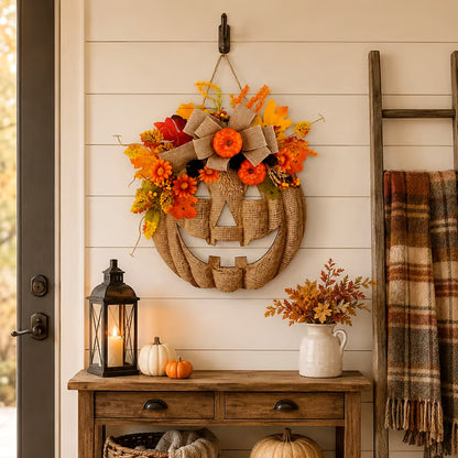 🎉🎃✨ Lighted Burlap Pumpkin Wreath