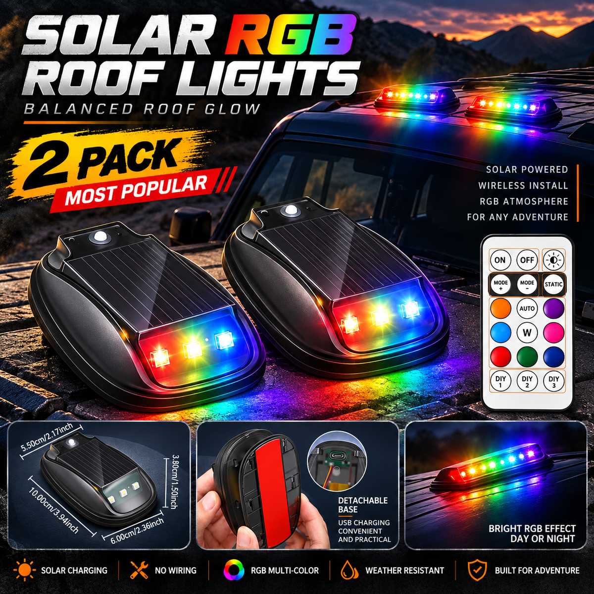 🔥Solar RGB Car Roof Lights – No Drilling, Wireless Control