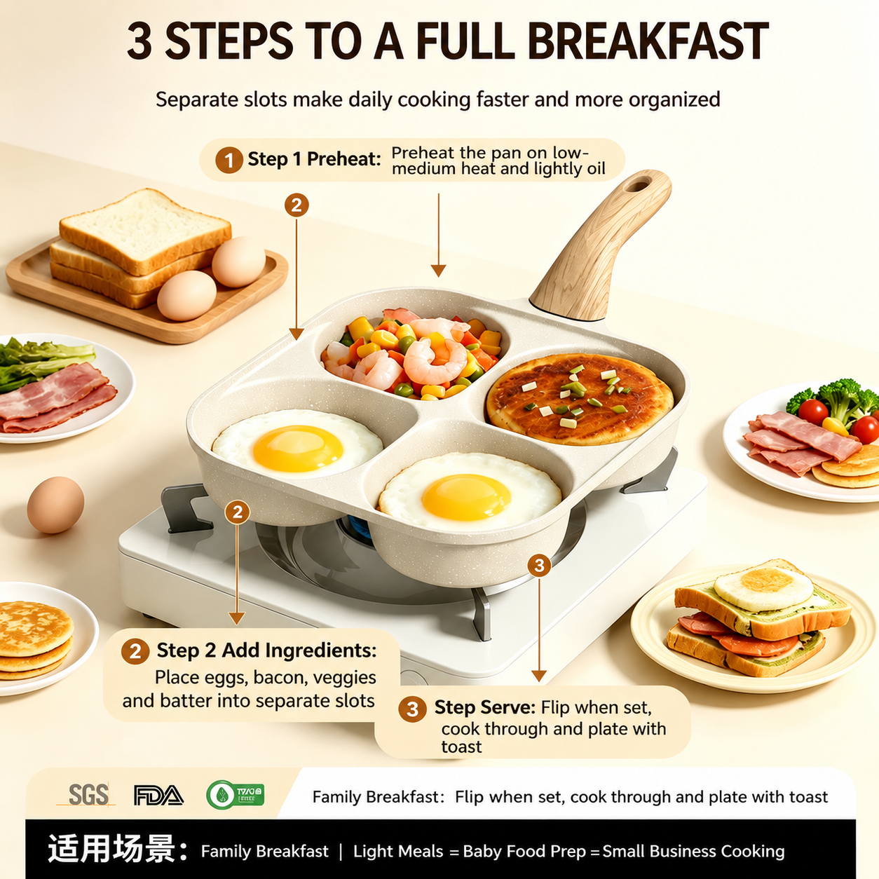 🍳4-Cup Nonstick Egg Pan, Wood Handle, Multi-Color Breakfast Skillet