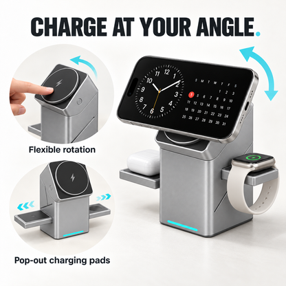 3-in-1 Magnetic Wireless Charging Station – 25W Fast Charging & Rotating Stand