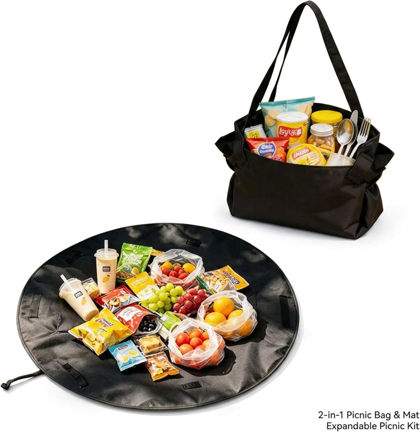 2-in-1 Convertible Tote Bag and Picnic Blanket, Water Resistant Oxford Fabric Reusable Pull-Strap Carryall