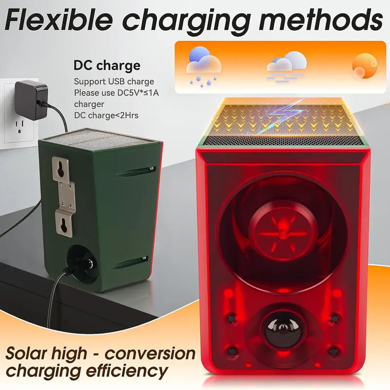 🦝 Solar Motion-Activated Animal Deterrent Alarm – Custom Sound & Flashing Light