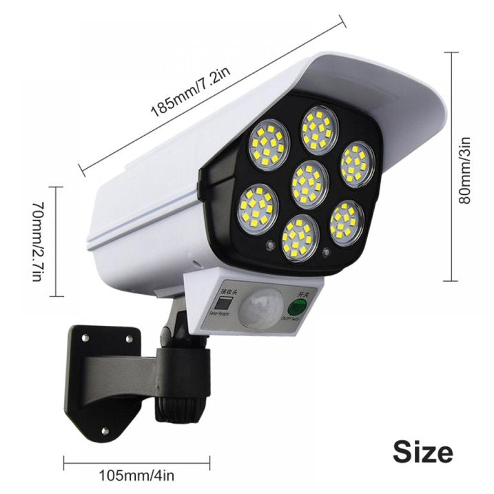 🚨 Solar Motion Security Light – PIR Sensor, Remote Control & Realistic Camera Design