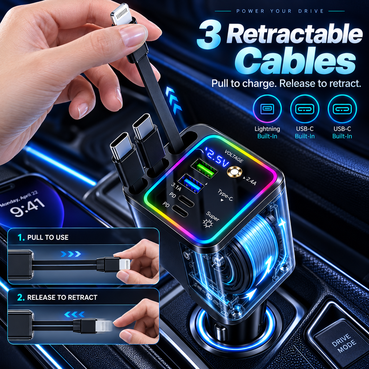 🔥7-in-1 Retractable Car Charger – 120W Fast Charging & Galaxy Light