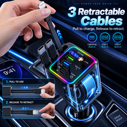 🔥7-in-1 Retractable Car Charger – 120W Fast Charging & Galaxy Light