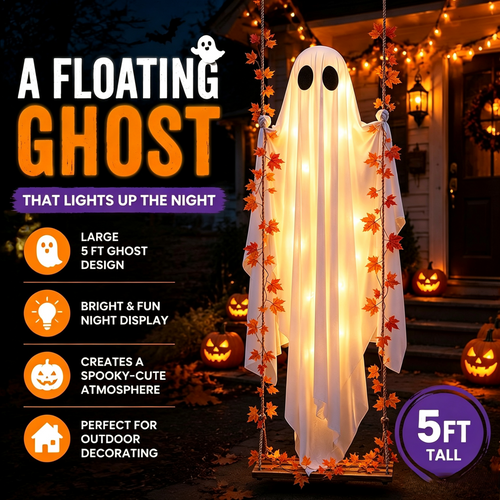 🎃 Limited Halloween Sale 👻✨LED Hanging Ghost Swing Decoration, 5FT Remote Controlled Halloween Outdoor Hanging Decor