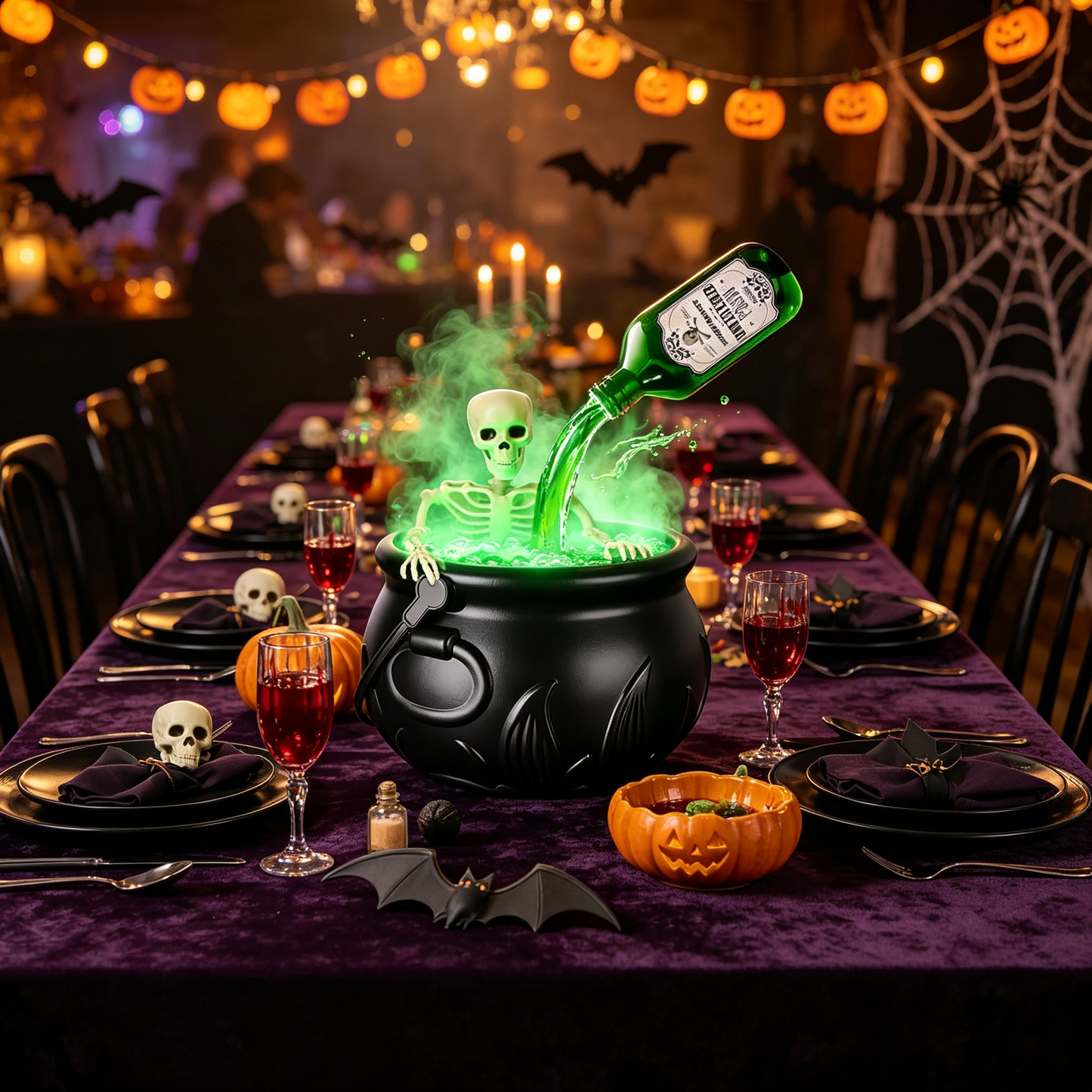 > 🕯️ Magical Bubbling Witch Cauldron — Halloween Fog Maker with Floating Potion Bottles & Glowing Skeleton for Home Party Decor 🍵