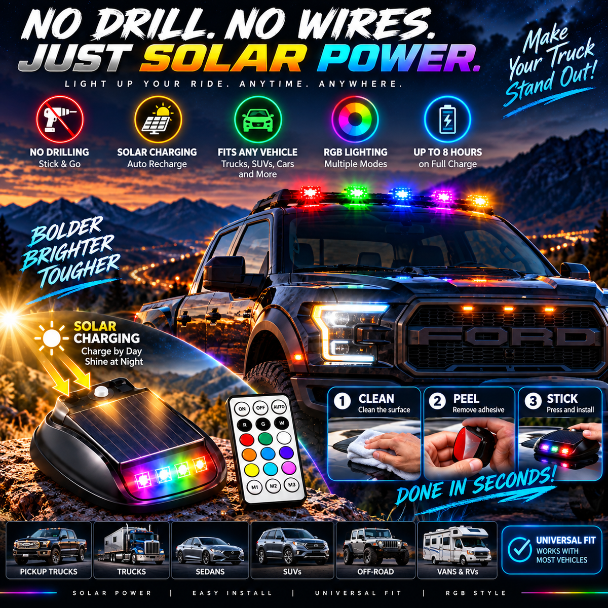 ⚡ Solar RGB Car Roof Strobe Lights – No-Drill Wireless Cab Lights