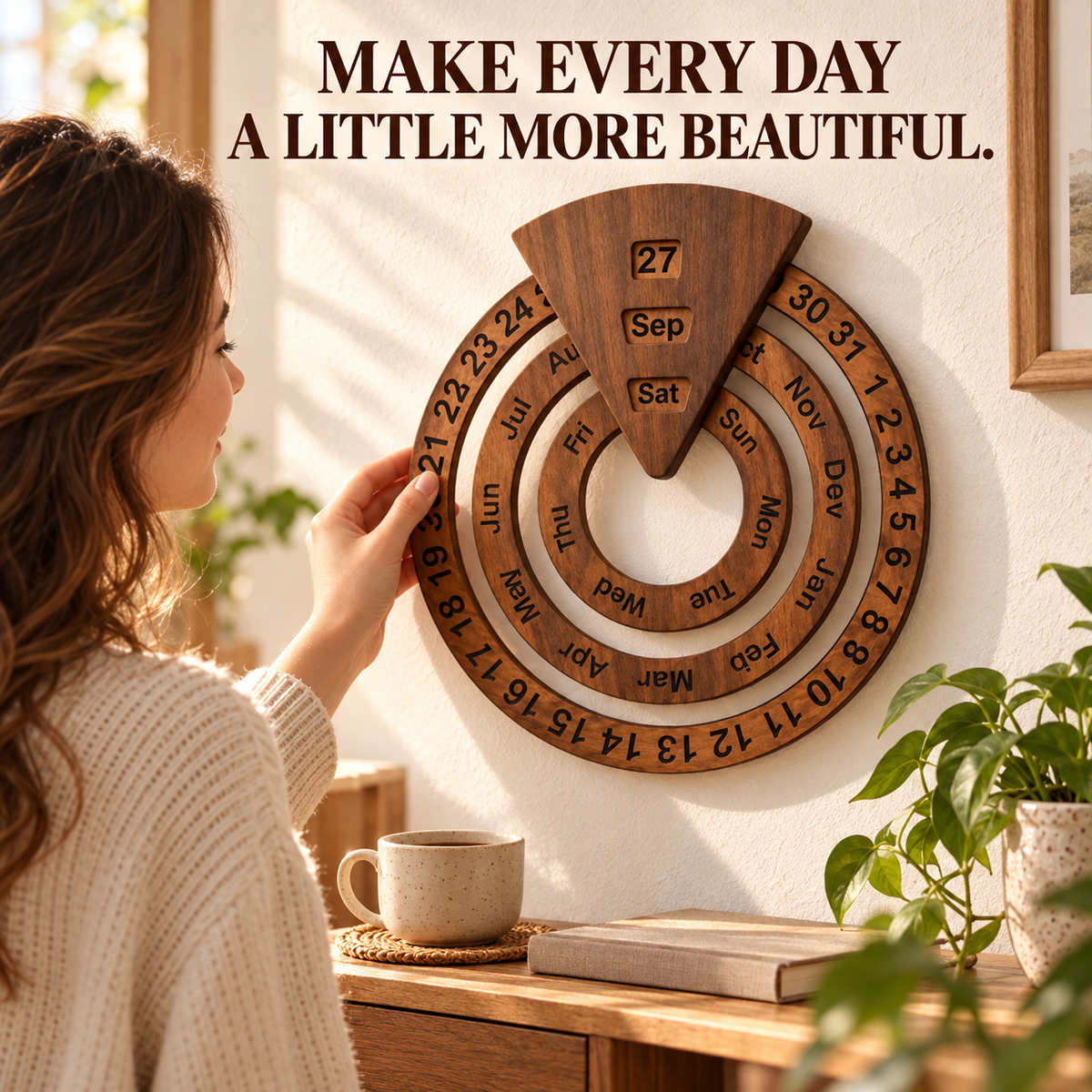 🌿 Wooden Perpetual Wall Calendar – Rotating Date, Month & Day | Timeless Home Decor 📅