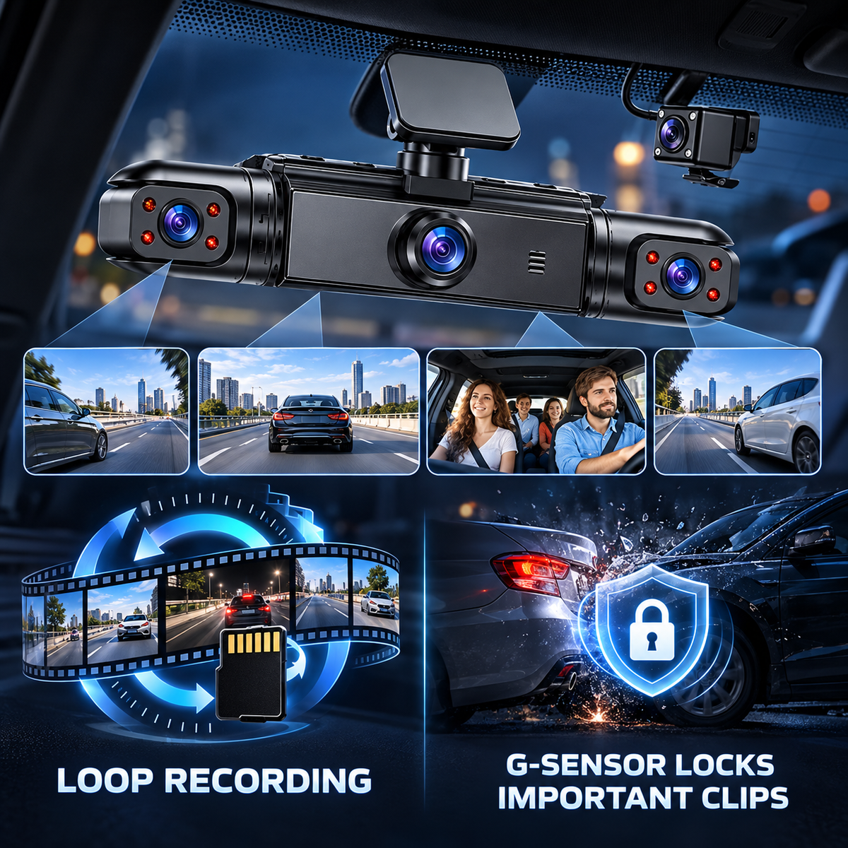 🚗 4-Lens 1080P Dash Cam — See Front, Left, Right & Rear in One Drive