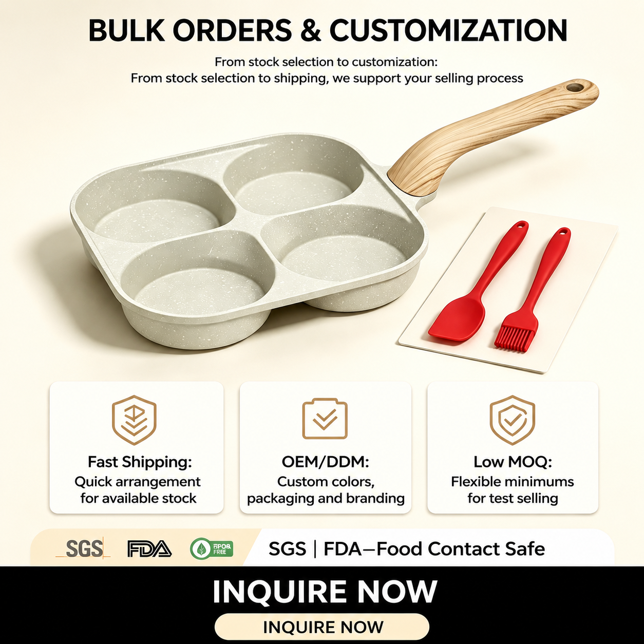 🍳4-Cup Nonstick Egg Pan, Wood Handle, Multi-Color Breakfast Skillet