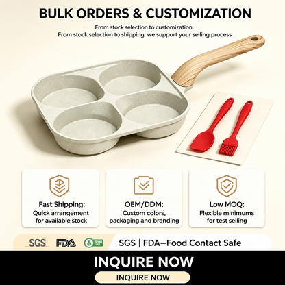 🍳4-Cup Nonstick Egg Pan, Wood Handle, Multi-Color Breakfast Skillet