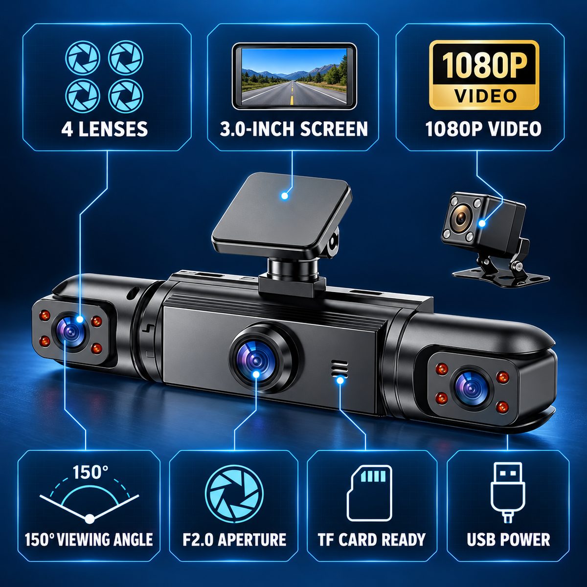 🚗 4-Lens 1080P Dash Cam — See Front, Left, Right & Rear in One Drive