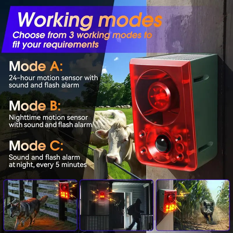 🦝 Solar Motion-Activated Animal Deterrent Alarm – Custom Sound & Flashing Light