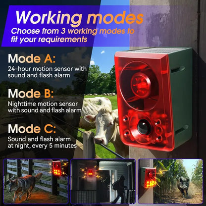 🦝 Solar Motion-Activated Animal Deterrent Alarm – Custom Sound & Flashing Light