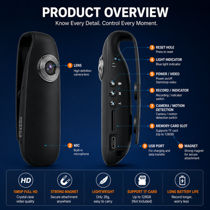 📹 Mini 1080P Body Camera – Hands-Free Recording, Motion Detection & Magnetic Clip
