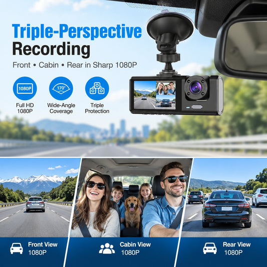 🚗👀360° Protection Dash Cam: Triple-Lens 1080P Front • Cabin • Rear