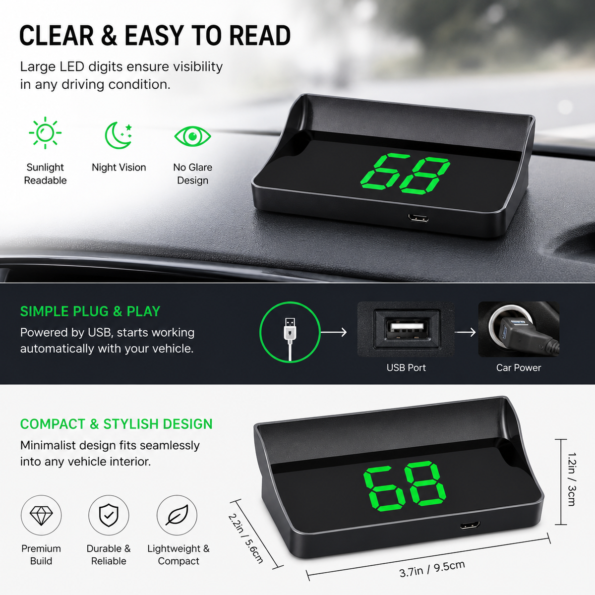 ⚡ Smart GPS Speedometer for Cars – Real-Time MPH/KM/H Display, Auto Brightness & USB Power