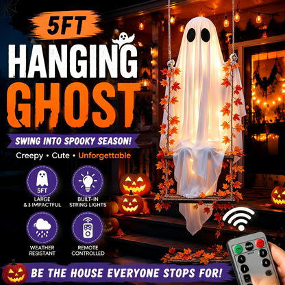 🎃 Limited Halloween Sale 👻✨LED Hanging Ghost Swing Decoration, 5FT Remote Controlled Halloween Outdoor Hanging Decor