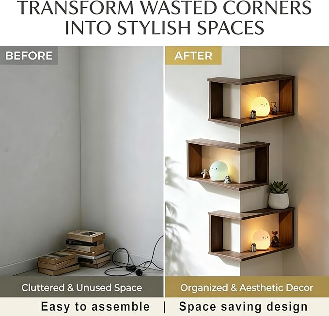 🏠 90° Corner Wall Shelf — Real Solid Wood, No Assembly Needed