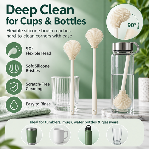 🧼 FlexiClean™ 90° Flexible Silicone Bottle Brush – Deep Cleaning for Cups, Tumblers & Bottles