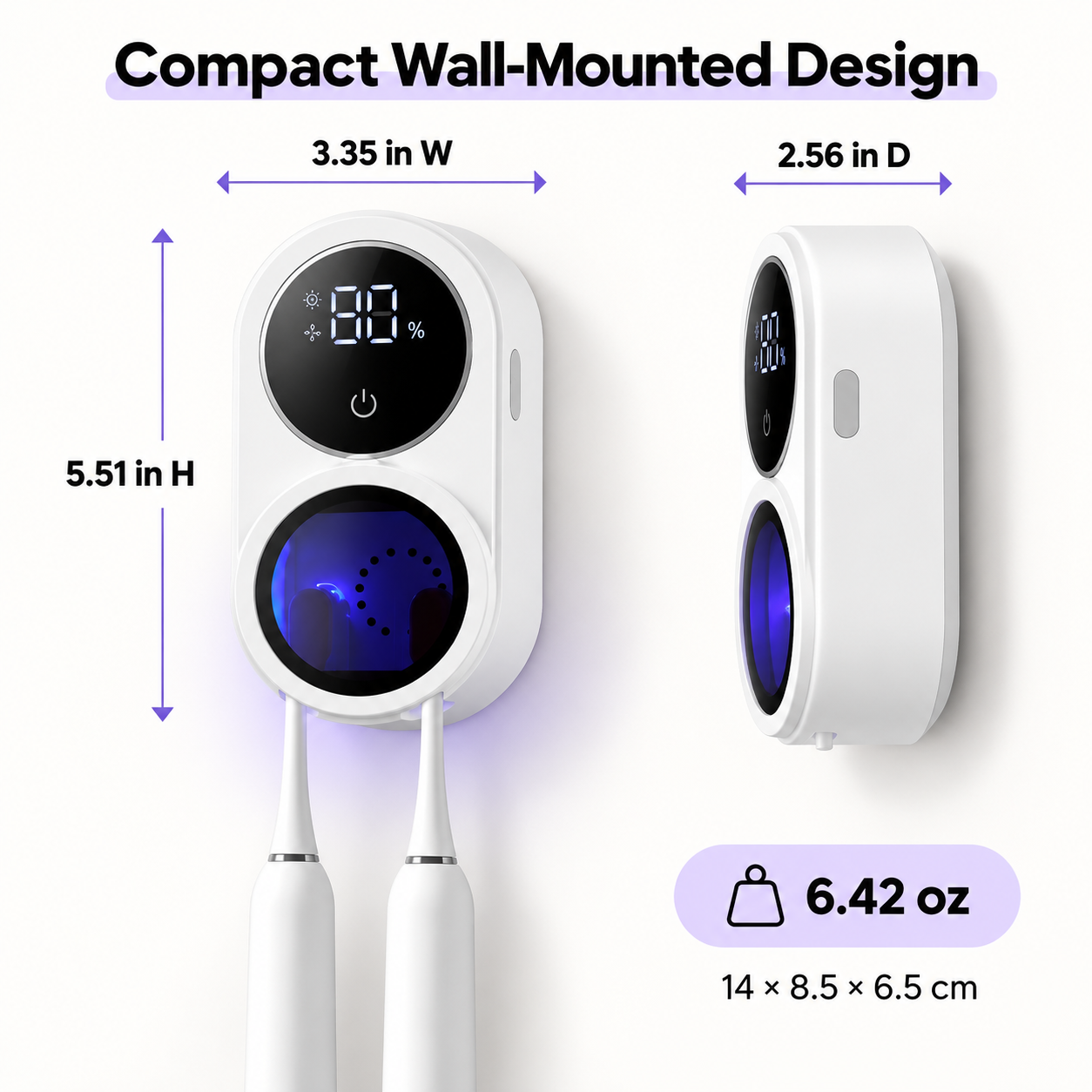 Dimensions and weight of compact wall-mounted toothbrush holder