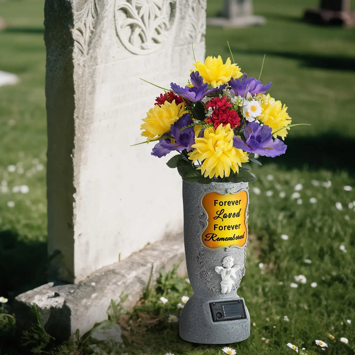 🕊️ Solar-Powered Angel Cross Memorial Vase with LED Lights ✨