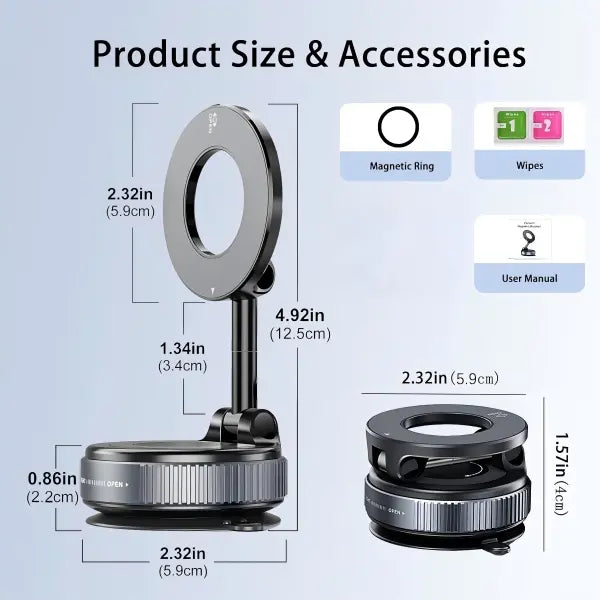 2.0 Fold-Flat Magnetic Car Phone Holder - Compact Metal Secure Smartphone Holder, 20N52 Magnetic Grip, Vertical Round Mount, Vacuum Suction Cup, Heat-Resistant Nano-Adhesive Base, MagSafe Snapon Car Interior Accessory