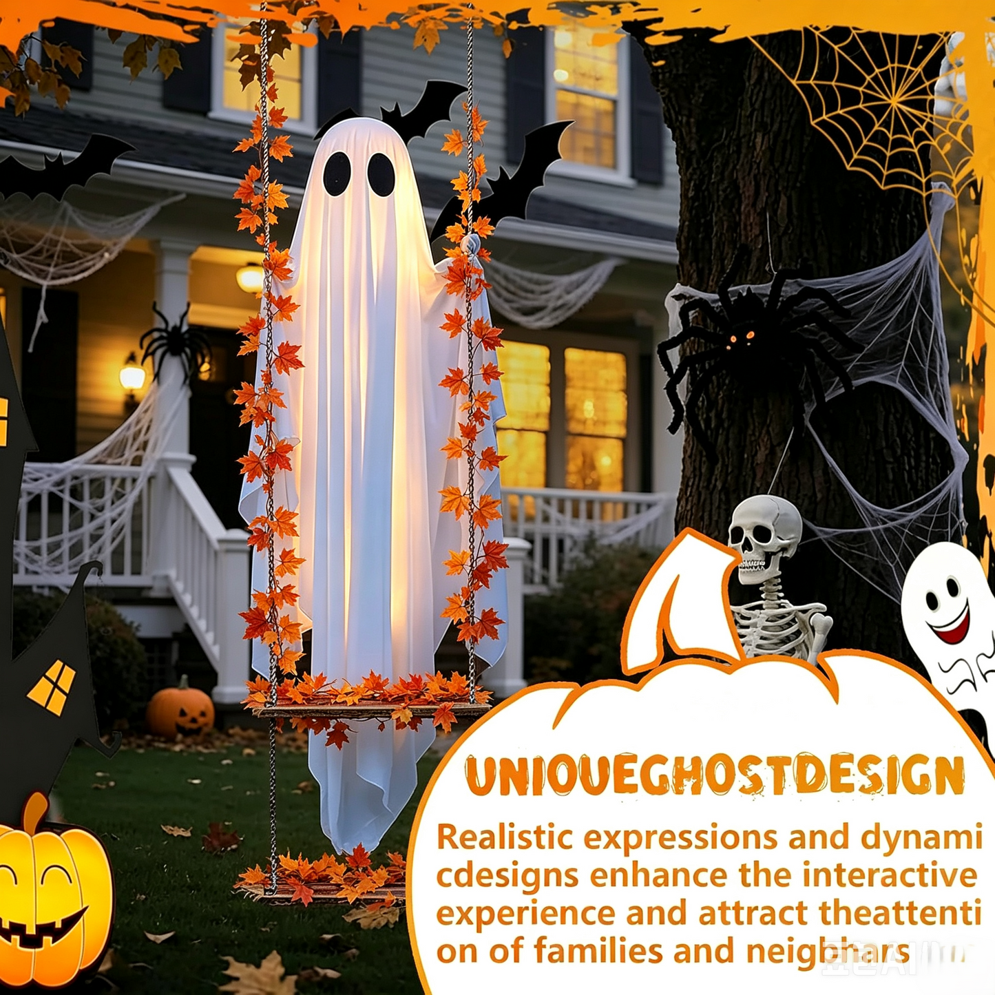 🎃 Limited Halloween Sale 👻✨LED Hanging Ghost Swing Decoration, 5FT Remote Controlled Halloween Outdoor Hanging Decor