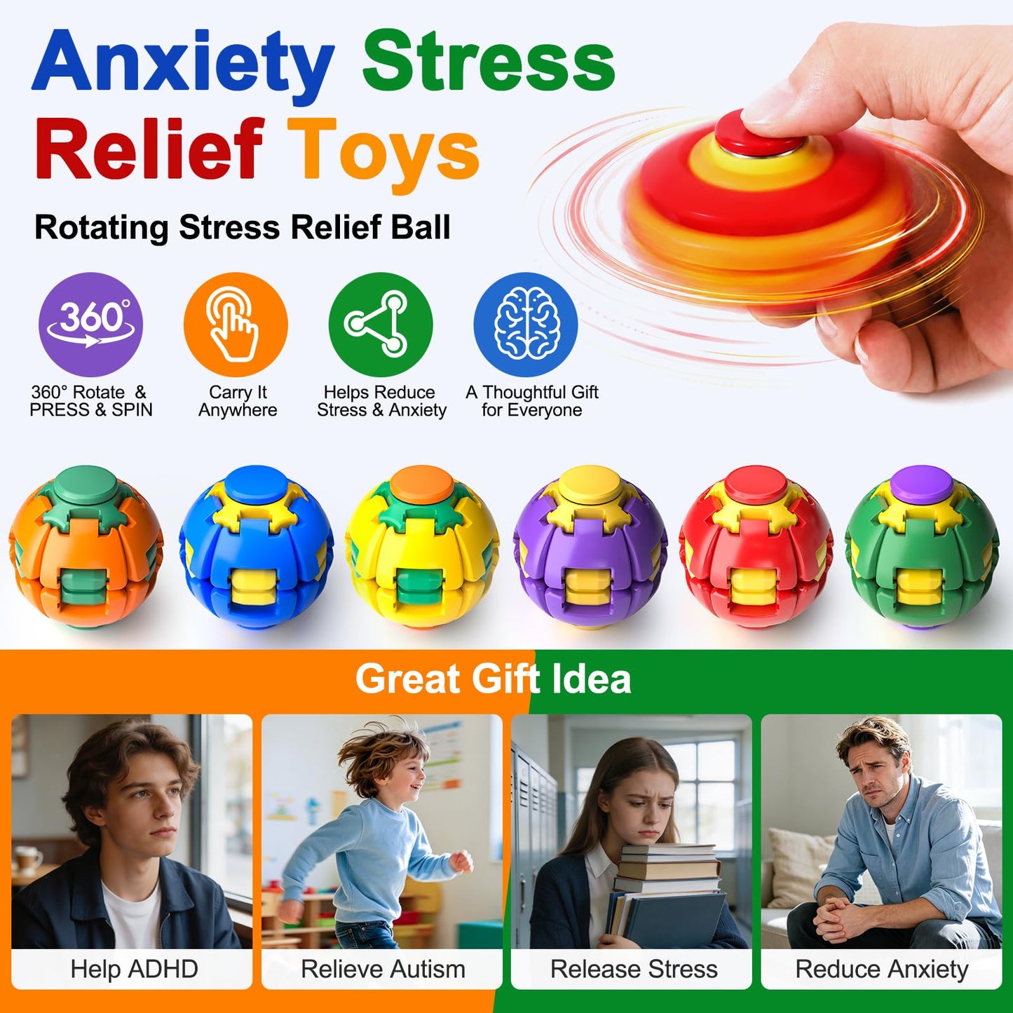 🌀 Press-to-Spin Sensory Fidget Ball for Stress Relief & Focus